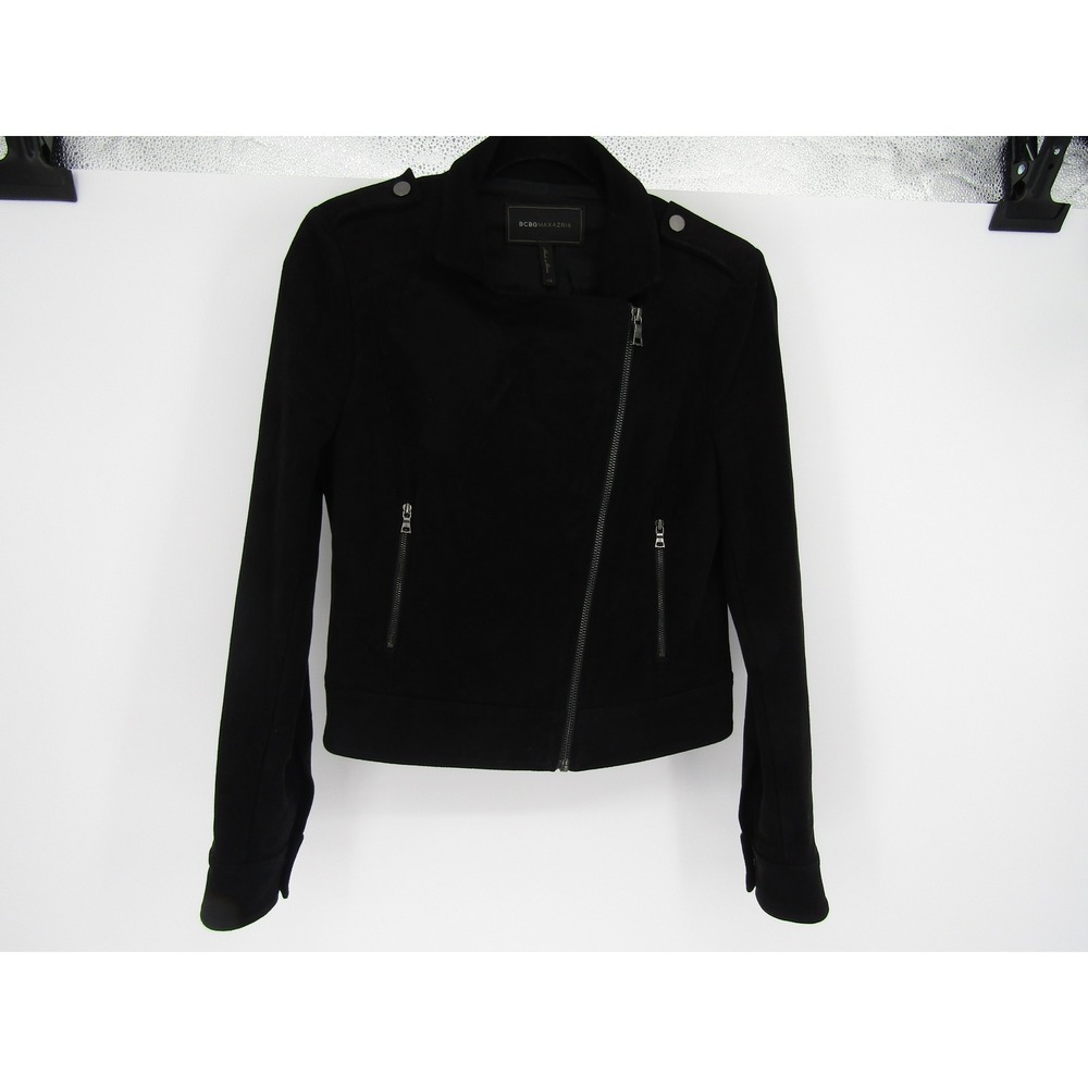 BCBGMAXAZRIA Moto Jacket Womens XS Black Good Asymmetrical Faux Suede Biker